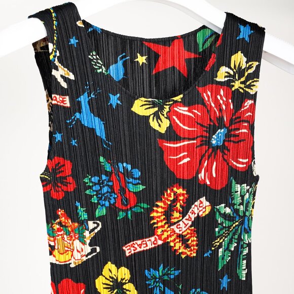 Pleats Please Issey Miyake Hawaii Motif Fringe-Hem Sleeveless Dress, Size XL - Picture 3 of 9